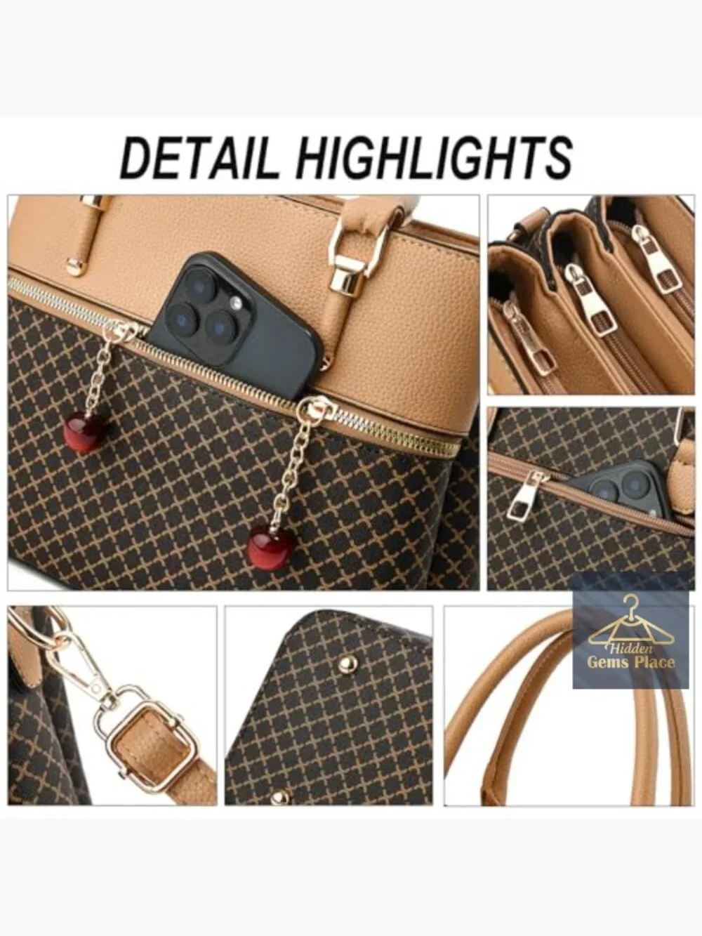 3 Zip Compartments Trendy Leather Tote Bag Shoulder Satchel Purse